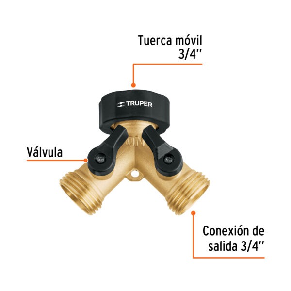 Conector Y 3/4 latón sólido con tuerca móvil p/manguera - Image 2