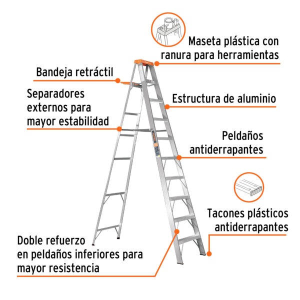 Escalera de tijera tipo II, 9 escalones, con bandeja
