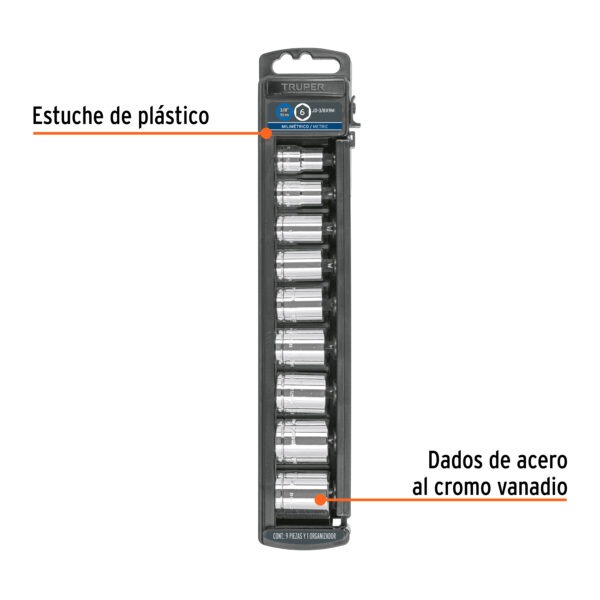 Juego de 9 dados cuadro 3/8 mm, Truper