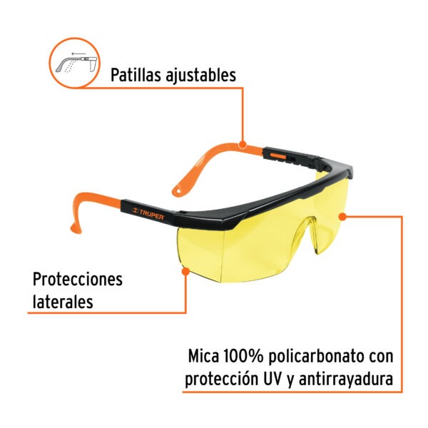 Lentes de seguridad ajustables ambar, Truper Classic