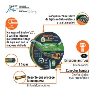 Manguera 1/2 reforzada 3 capas 10 m conexiones de metal