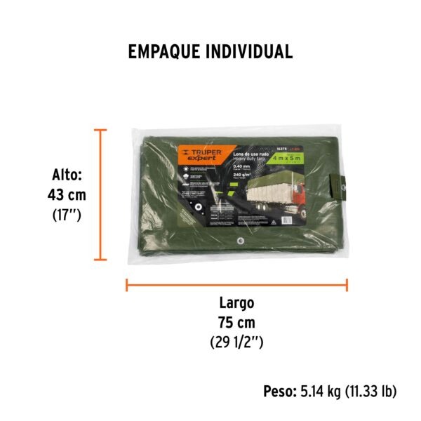 Lona uso rudo, verde olivo, 4 x 5 m, Truper Expert