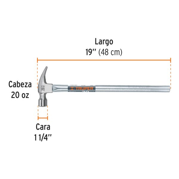 Martillo uña recta 20 oz, mango tubular, boca fresada