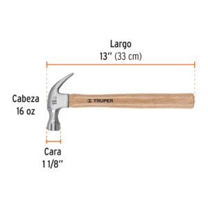 Martillo pulido 16 oz uña curva, mango madera, Truper