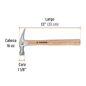 Martillo pulido 16 oz uña recta, mango madera, Truper