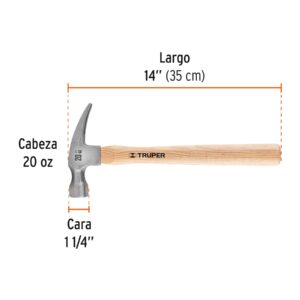 Martillo pulido 20 oz uña recta, mango madera, Truper