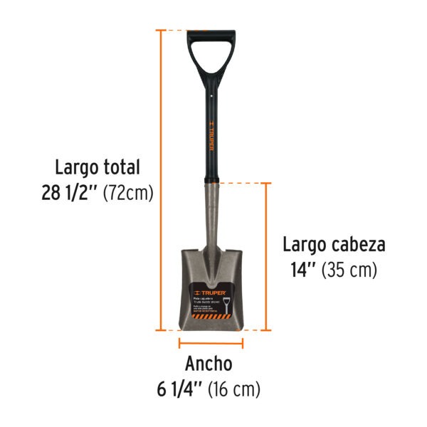 Pala cajuelera cuadrada, puño D con mango fibra de vidrio